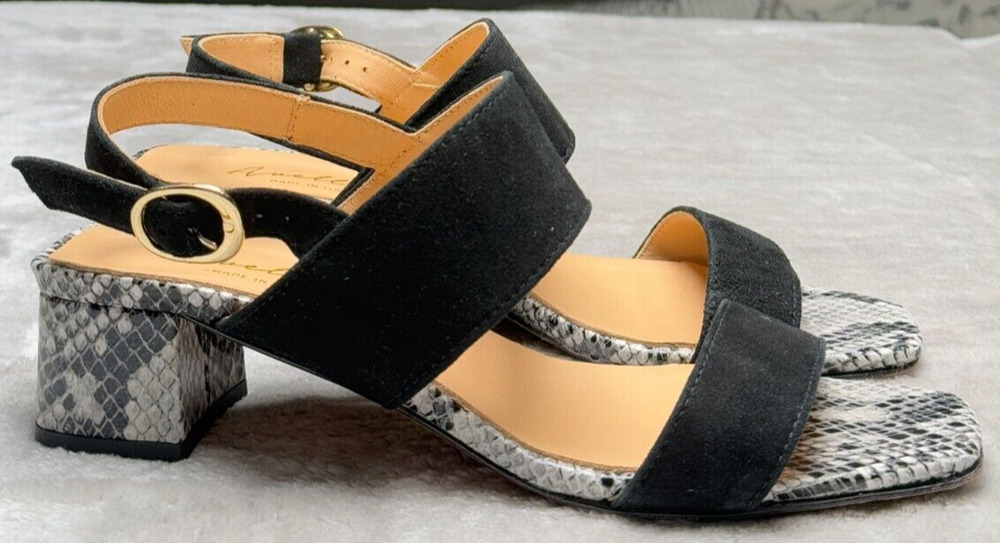 Avellini Black Suede Snake Print Block Heel Sandals Womens Size 7 Made In Italy